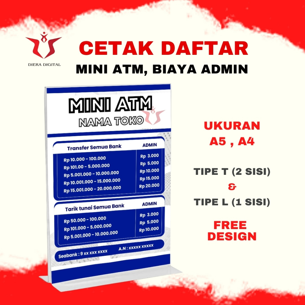 Cetak + Akrilik Mini ATM Tranfer Biaya admin transaksi | pelengkap usaha ukuran A5, A4