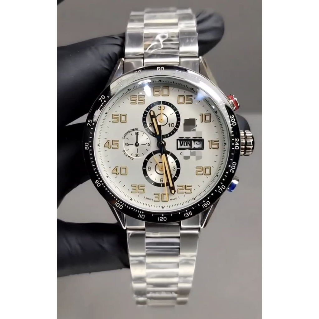 Jam tangan Luxury Pria Carrera Calibre 16 quartz chronograph 43MM silver dial, steel bracelet rare w