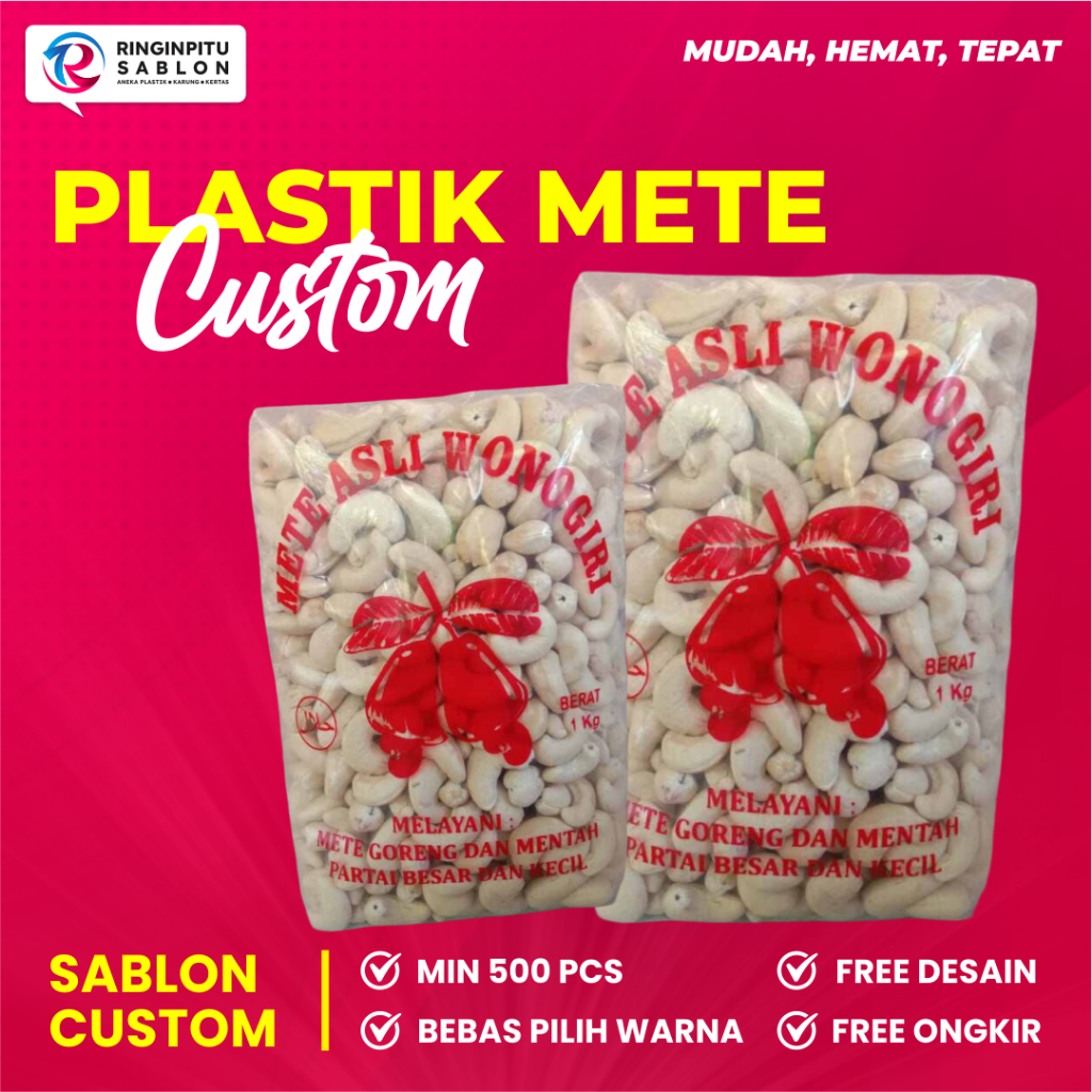 CUSTOM SABLON PLASTIK METE KEMASAN 1 KG (PLASTIK + SABLON)
