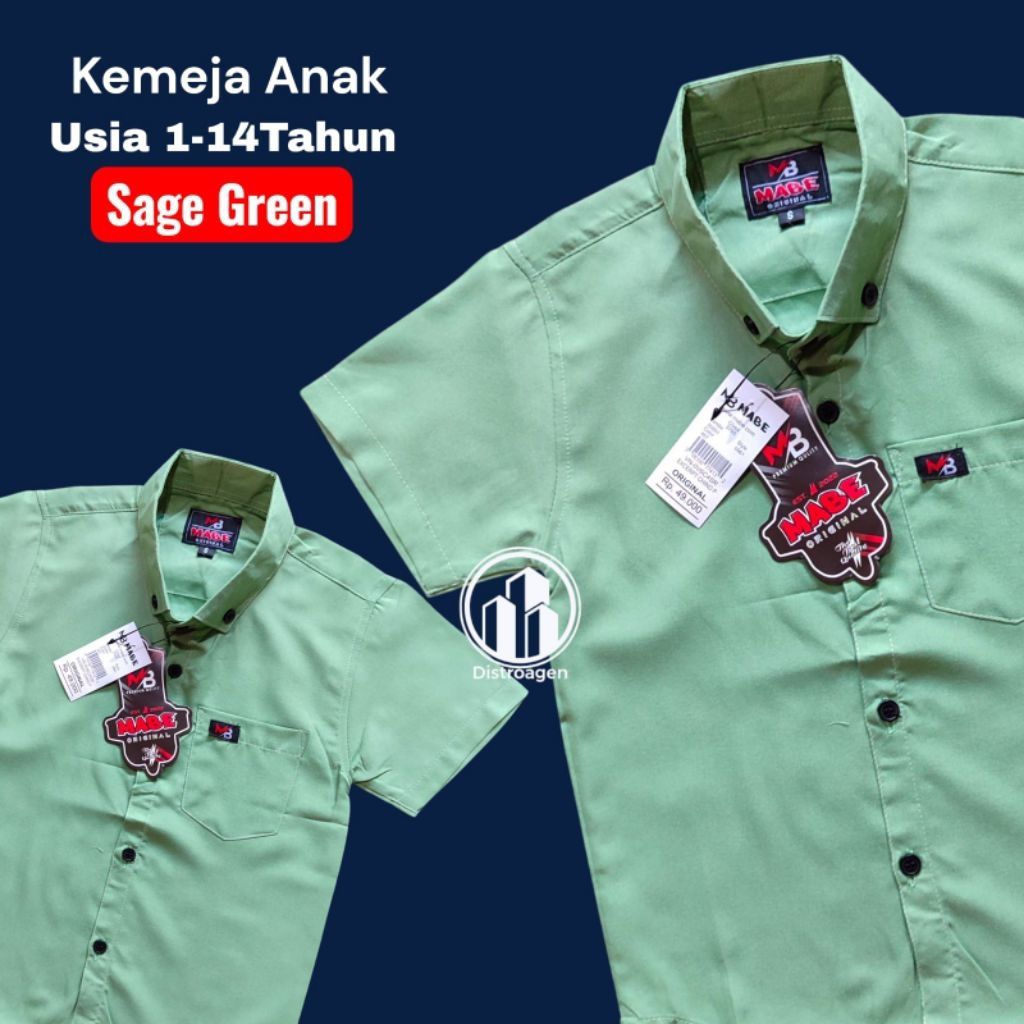 Sage green kemeja polos anak laki laki usia 1-14 tahun warna sage green