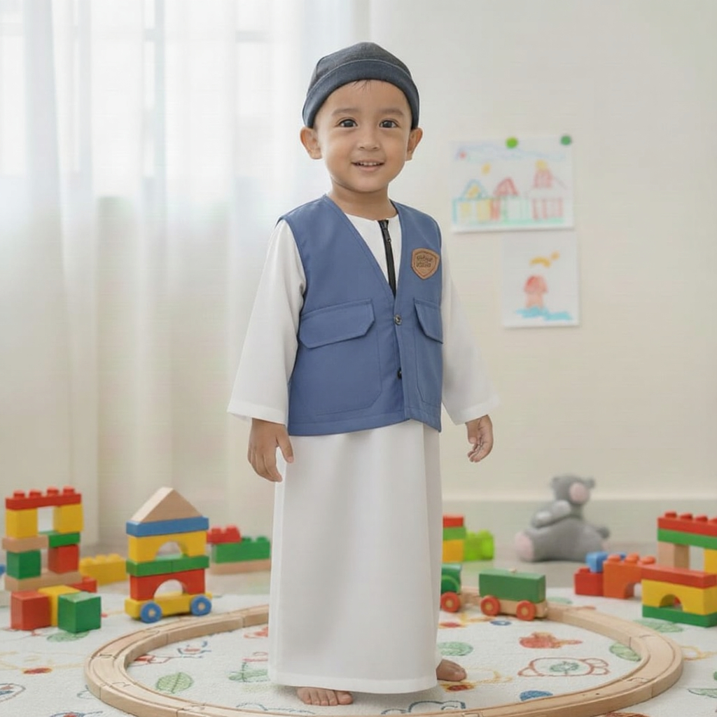 (EGSUS) KOKO JUBAH ANAK LENGAN PANJANG - JUBAH GAMIS ANAK ROMPI Putih Denim
