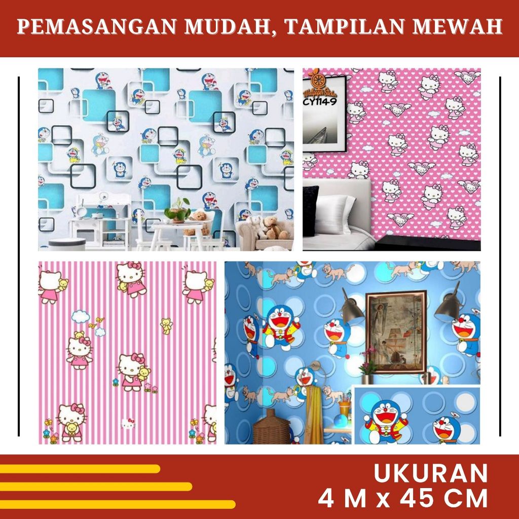 Wallpaper Sticker Dinding Dekorasi Kamar Tidur Anak Laki Laki Motif Karakter Doraemon Biru Polka
