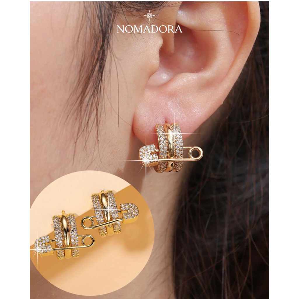 Nomadora set kalung dan anting wanita peniti fashionTiga Peniti CZ dilapis emas 18k  Panlandwoo D''p