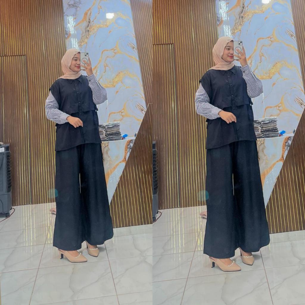 One Set WanitaKekinian Rompi Salur Rayon Twill