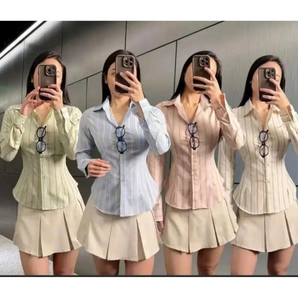 Monney Fitted Shirt Kemeja Slim Motif Stripe Kemeja kerja wanita fit garis stripe karet Lembut pink 