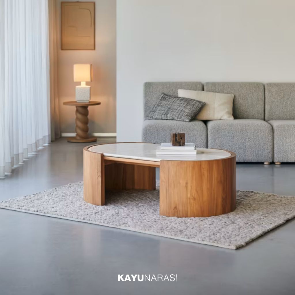 KAYU NARASI – SERENI | Meja Kopi Bulat Jati Solid Minimalis Natural | Coffee Table Kayu Jati