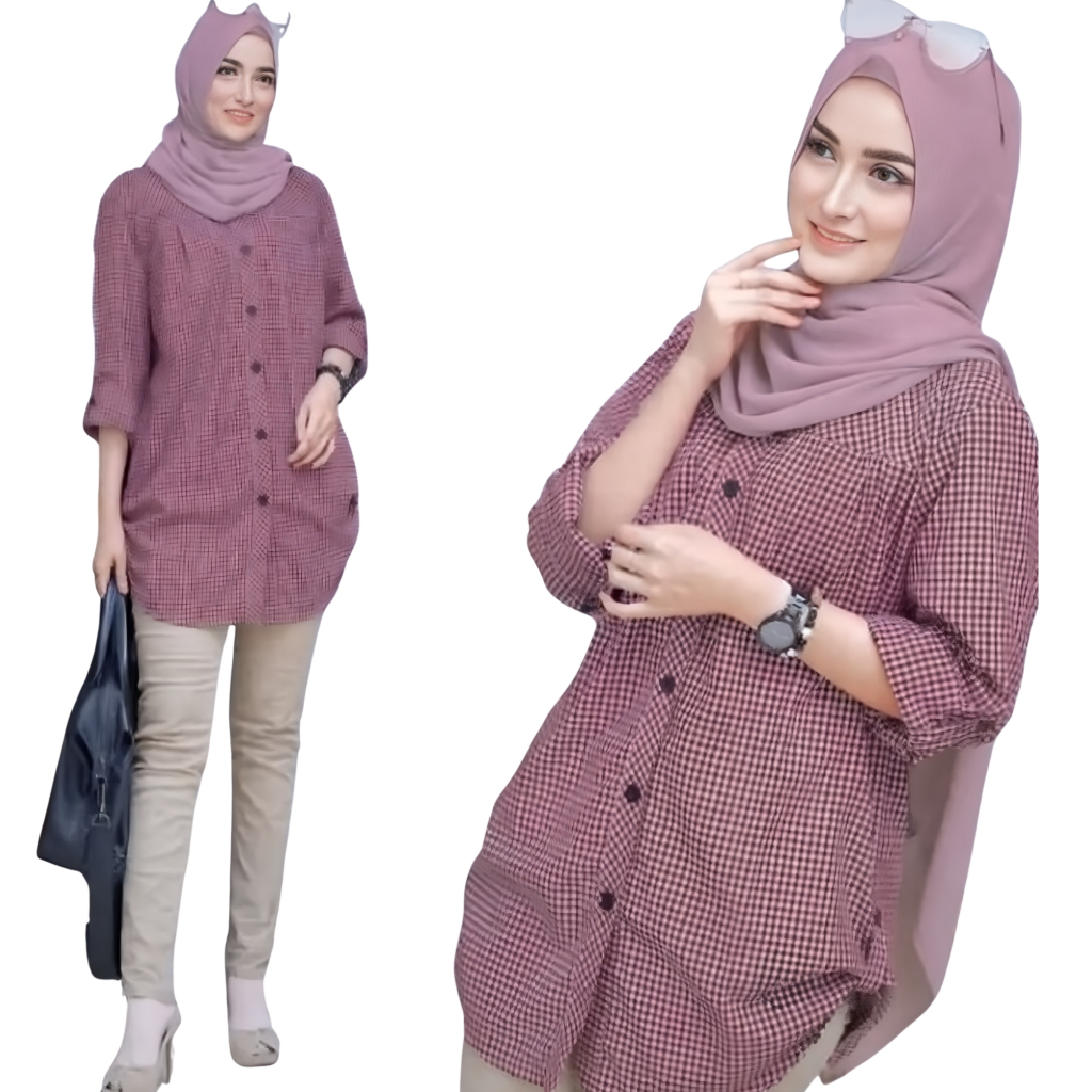 Tunik Dinda Kotak Wanita Muslimah | Kemeja Panjang Katun Adem | Busui Friendly Fit XL