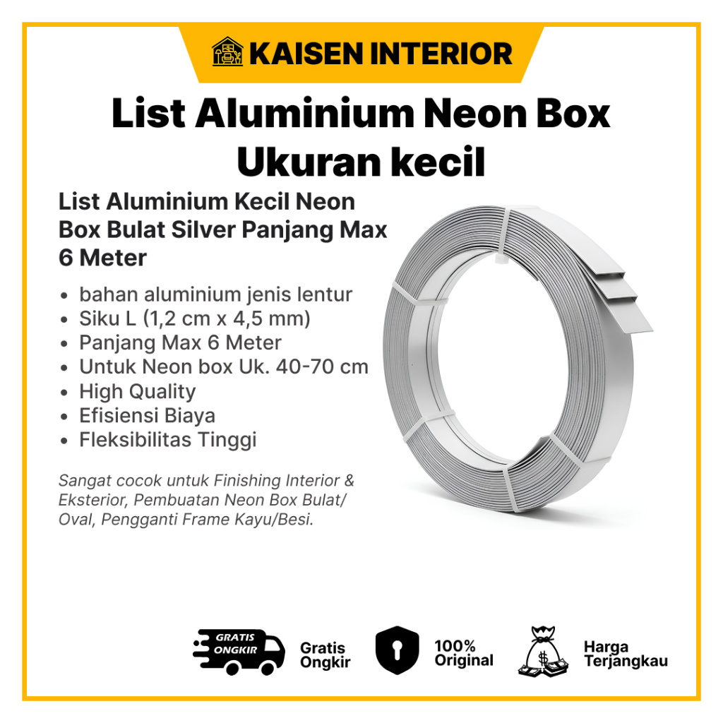 List Aluminium Neon Box Bulat Uk. KECIL SILVER Siku L 12mm x 4,5mm - Panjang 6 Meter, Fleksibel & Mu