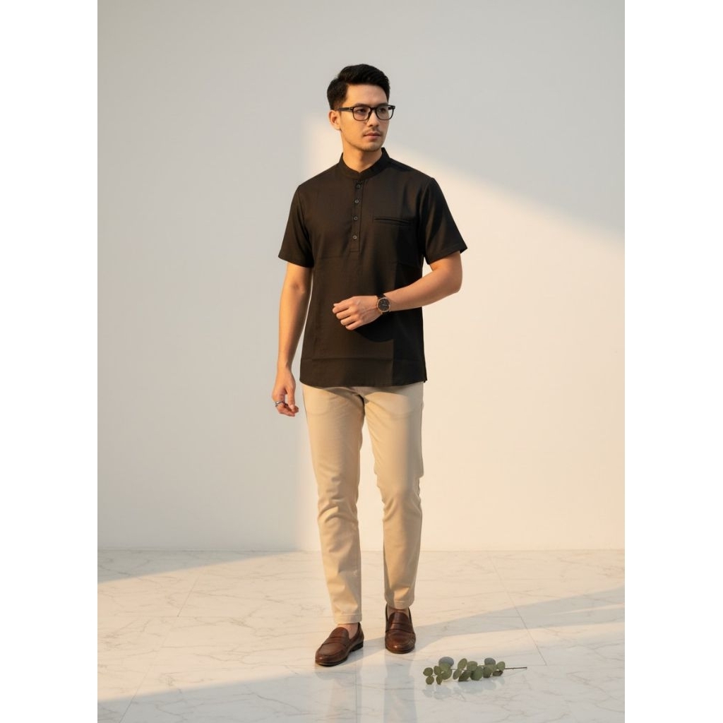 Baju Koko Kurta Pria Dewasa Lengan Pendek Warna Hitam Polos