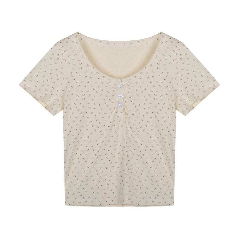 MISS'O BJ2171 Kaos Atasan Cewek Korea Look Motif Bunga Floral Mini Kancing Depan Lengan Pendek Katun