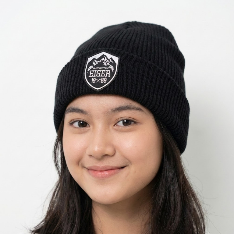 AUTHENTIC EIGER 1989 SHIELD Bordir Topi Kupluk Rajut Beanie Hat Pria/Wanita Bahan Tebal V1 Hitam