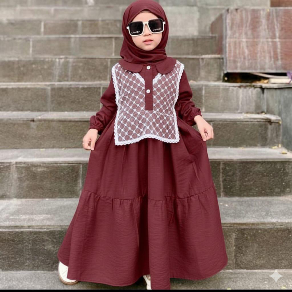 PAKET 3pcs BEBAS PILIH gamis + jilbab anak usia 3-9 tahun bahan linen variasi brukat SETELAN GAMIS A