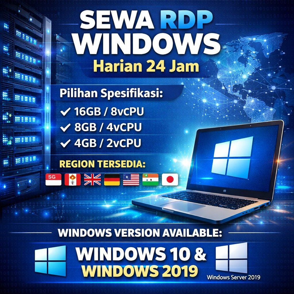 SEWA RDP WINDOWS HARIAN 24 JAM - UP TO 16GB RAM / 8vCpu