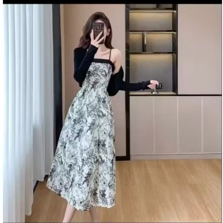 Setelan Dress Cardigan knit motif bunga dress maxi panjang dress korean style