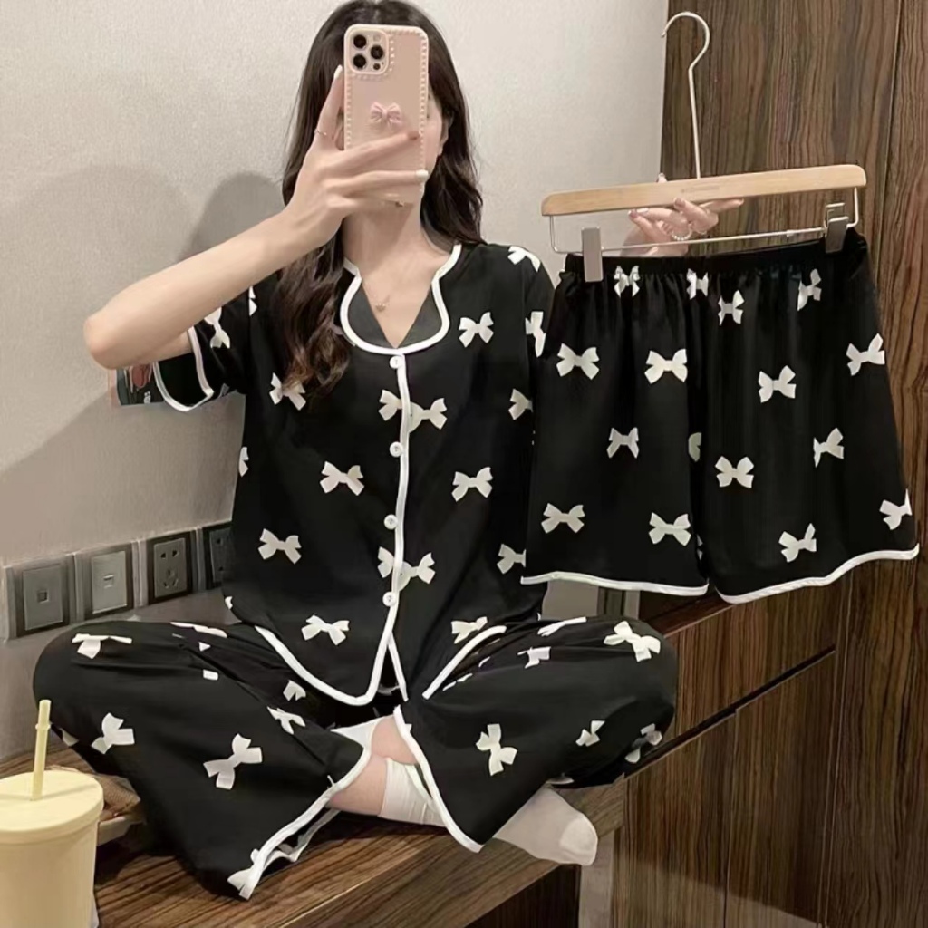 Piyama Set Wanita 3 IN 1 Bahan Katun Tipis Bermotif  Kekinian Premium Lembut Dipakai Seharian - 001