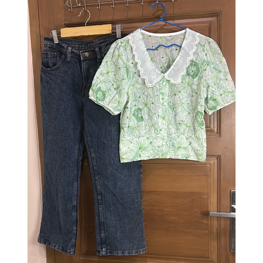 one set blouse korea dan celana jeans wanita