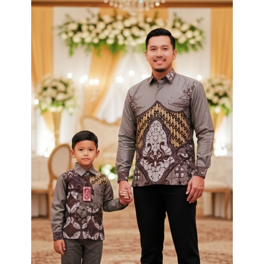 kemeja batik wana abu Mahogany couple ayah anak katun premium