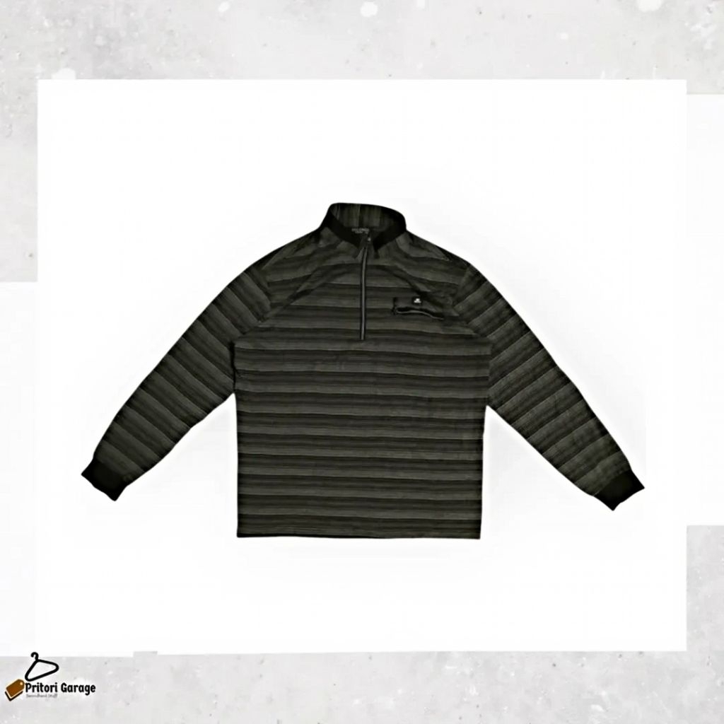 Long Sleeve Polo Zipper Pocket Miconos  Brown White Black Stripe Colour Vintage L