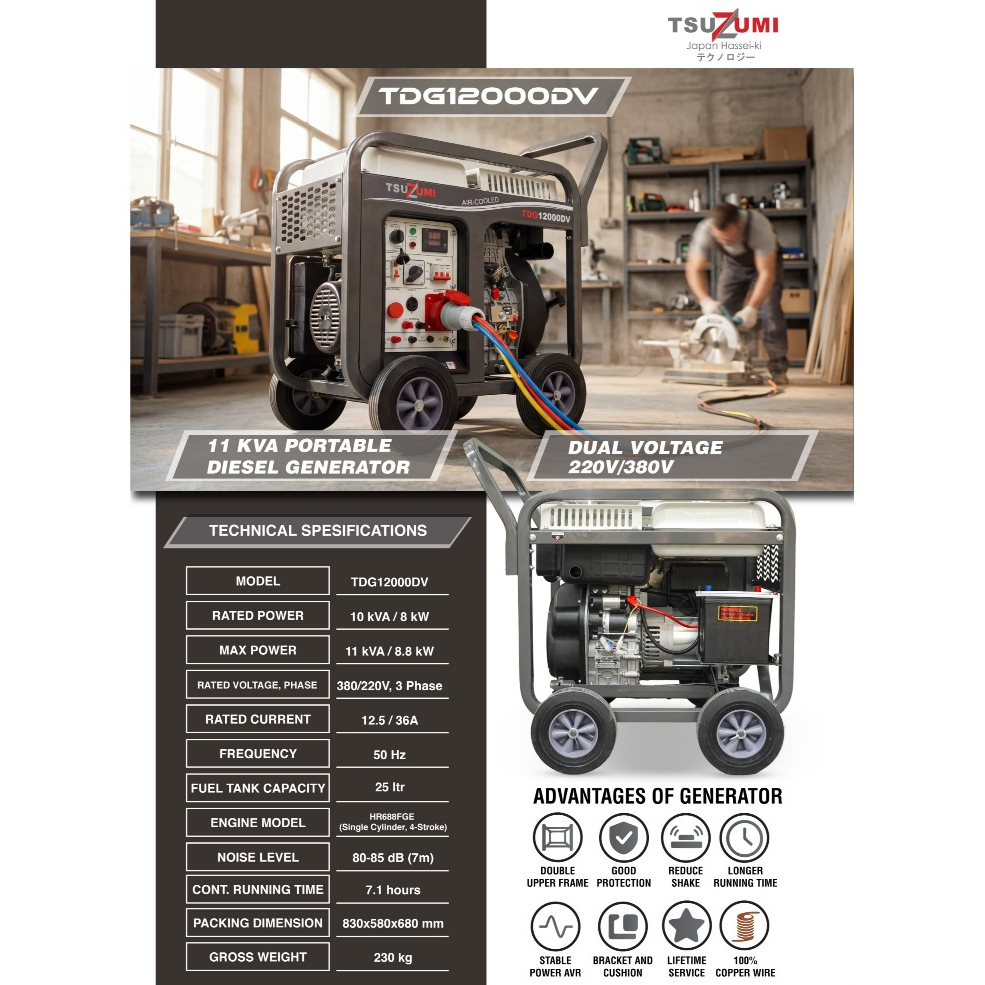 Genset 12 kva 10 kw diesel 3 phase TSUZUMI TDG12000DV