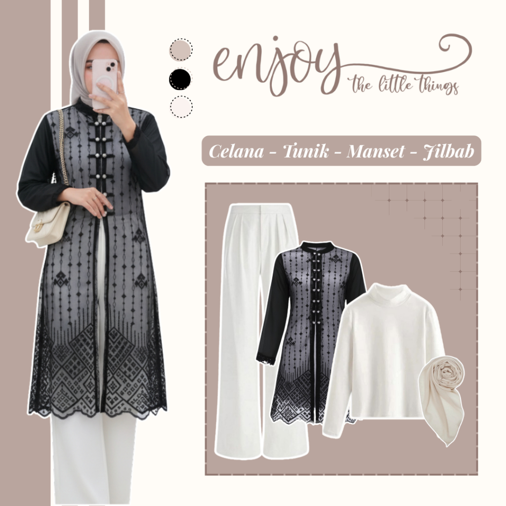 One Set Outfit Kondangan Wanita (Tunik Brokat - Manset - Celana - Jilbab) OOTD Pesta Terbaru RO202N