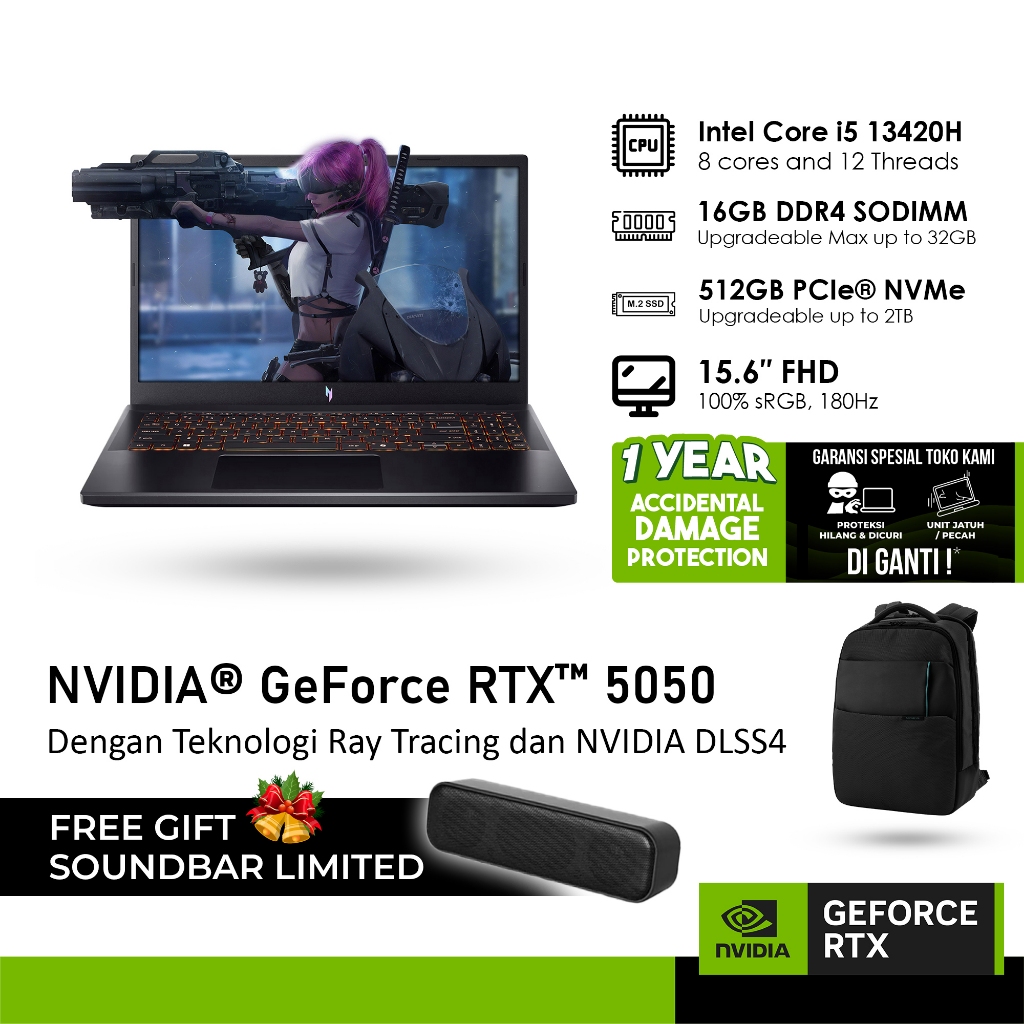 Acer Nitro V 15 ANV15-52 Laptop Gaming Hitam, Intel Core i5, RTX 4050, 16GB RAM, 512GB SSD