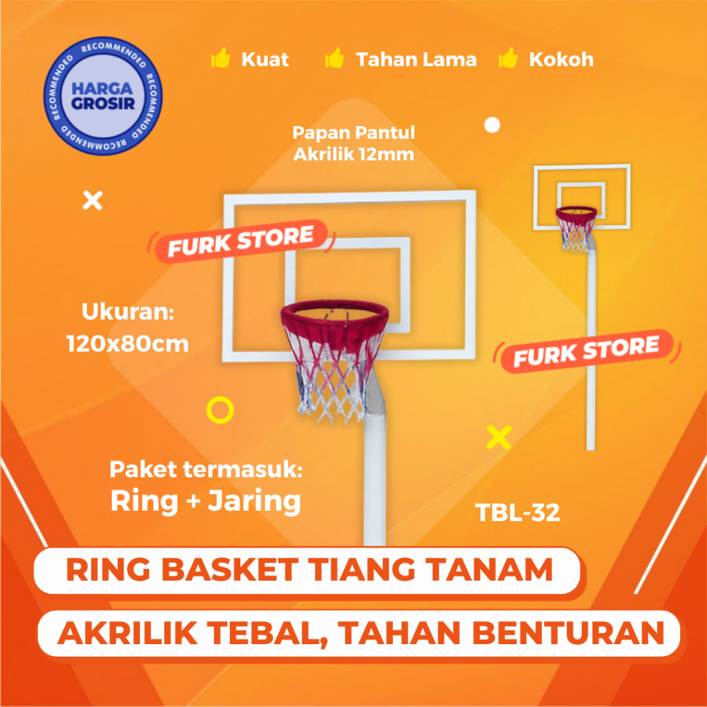 Tiang Basket Tanam, Papan Pantul dan Ring Basket TBL32 [STABIL & AWET] - Ring Bola Basket | Tiang Ba