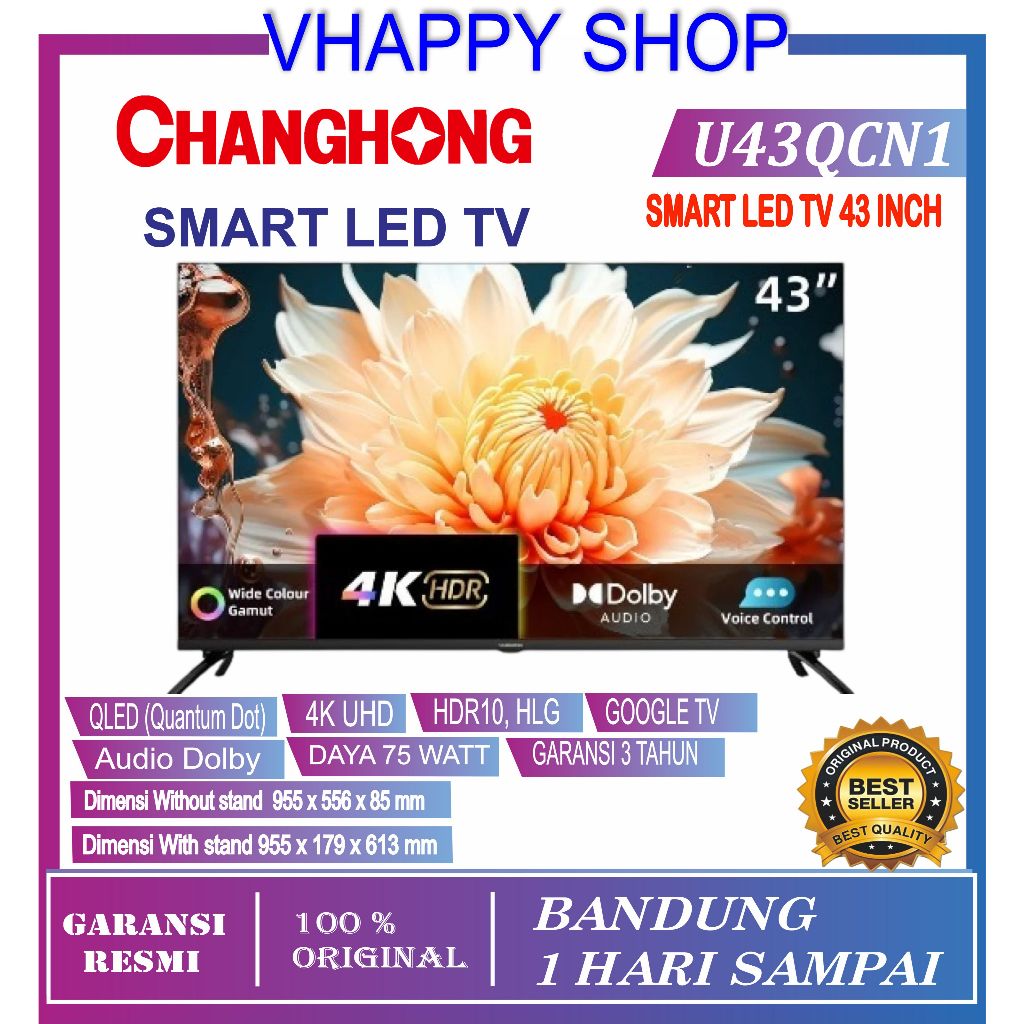 Changhong 43 Inch U43QCN1 QLED 4K UHD Google TV L43QCN1 FHD - 43QCN1 Garansi Resmi