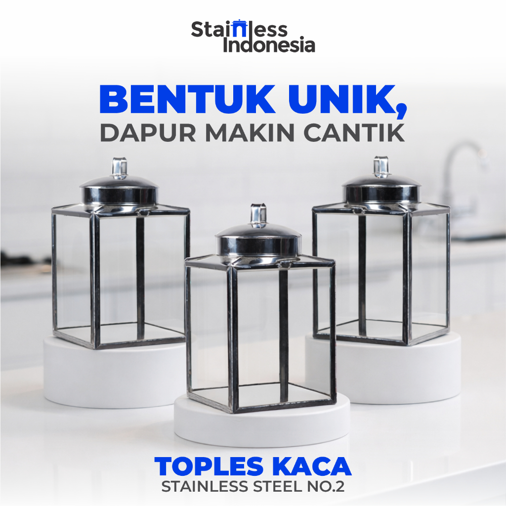 Toples Jumbo Kaca Transparan Unik Tutup Stainless Steel Model Kaleng Kerupuk 33x19 cm