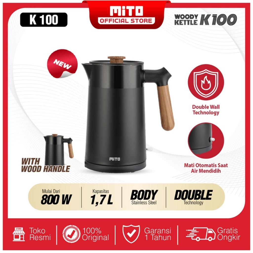 Teko Listrik Mito K100 1.7 Liter Low Watt Electric Kettle Pemanas Air Wood Series Stainless Steel 30