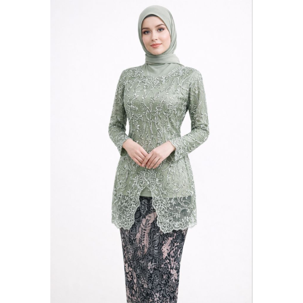 Kebaya Modern Tunangan Wisuda Hijau Sage Sabrina 383