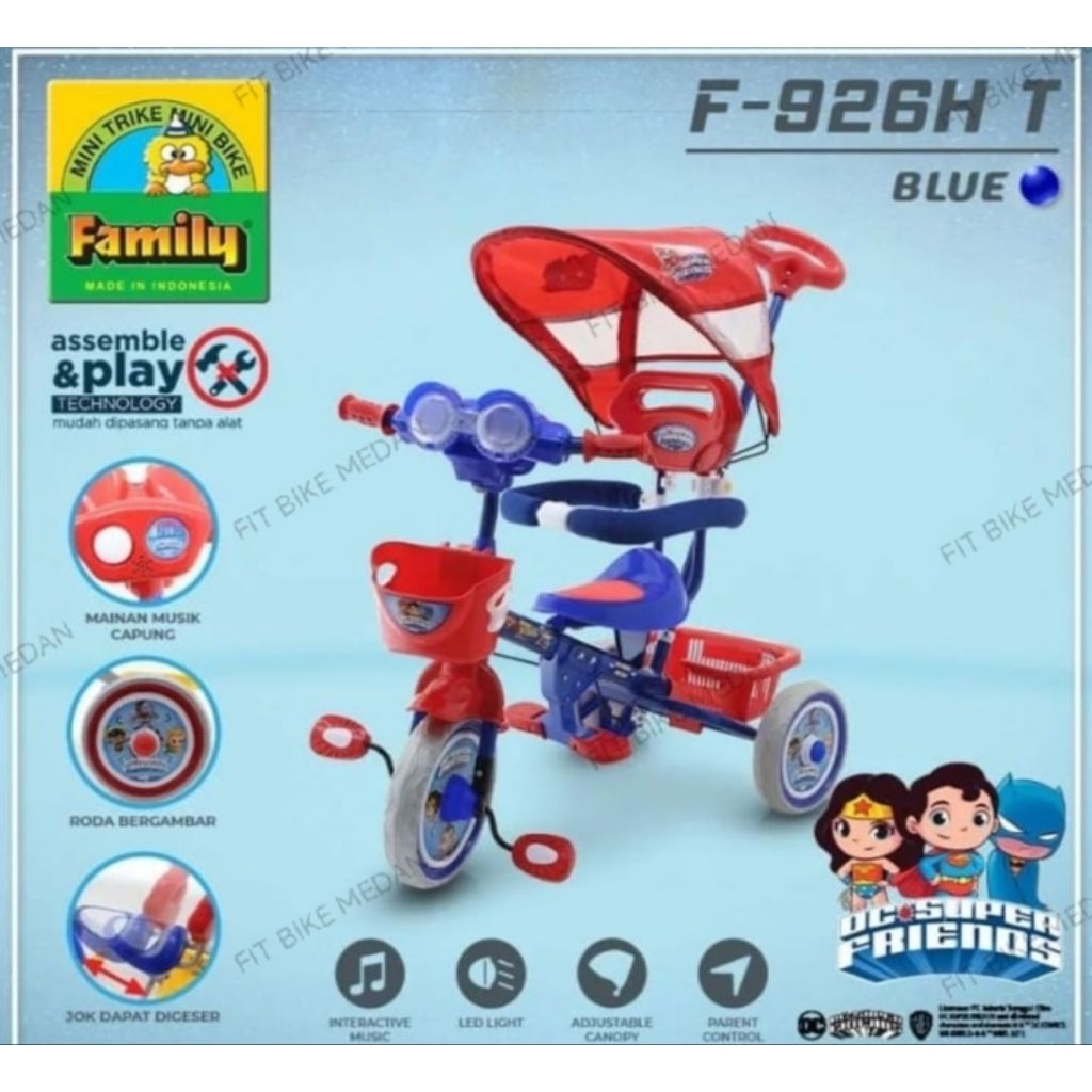 BECAK SEPEDA RODA TIGA TRICYCLE STROLLER FAMILY F-926H T MUSIK LAMPU TENDA SUPERHERO