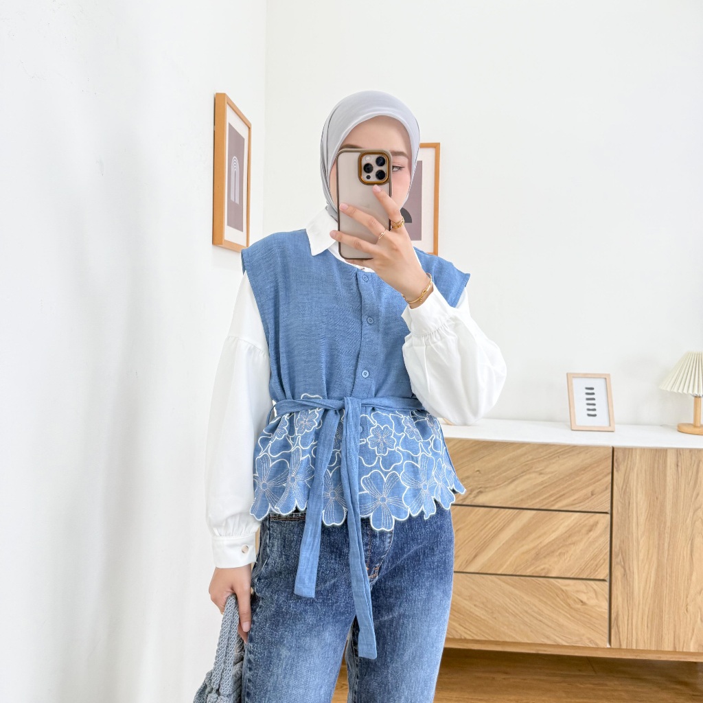Usheka - Blouse set Vest Denim Blossom Casual Stylish/ Kemeja set Rompi Denim Motif Bunga