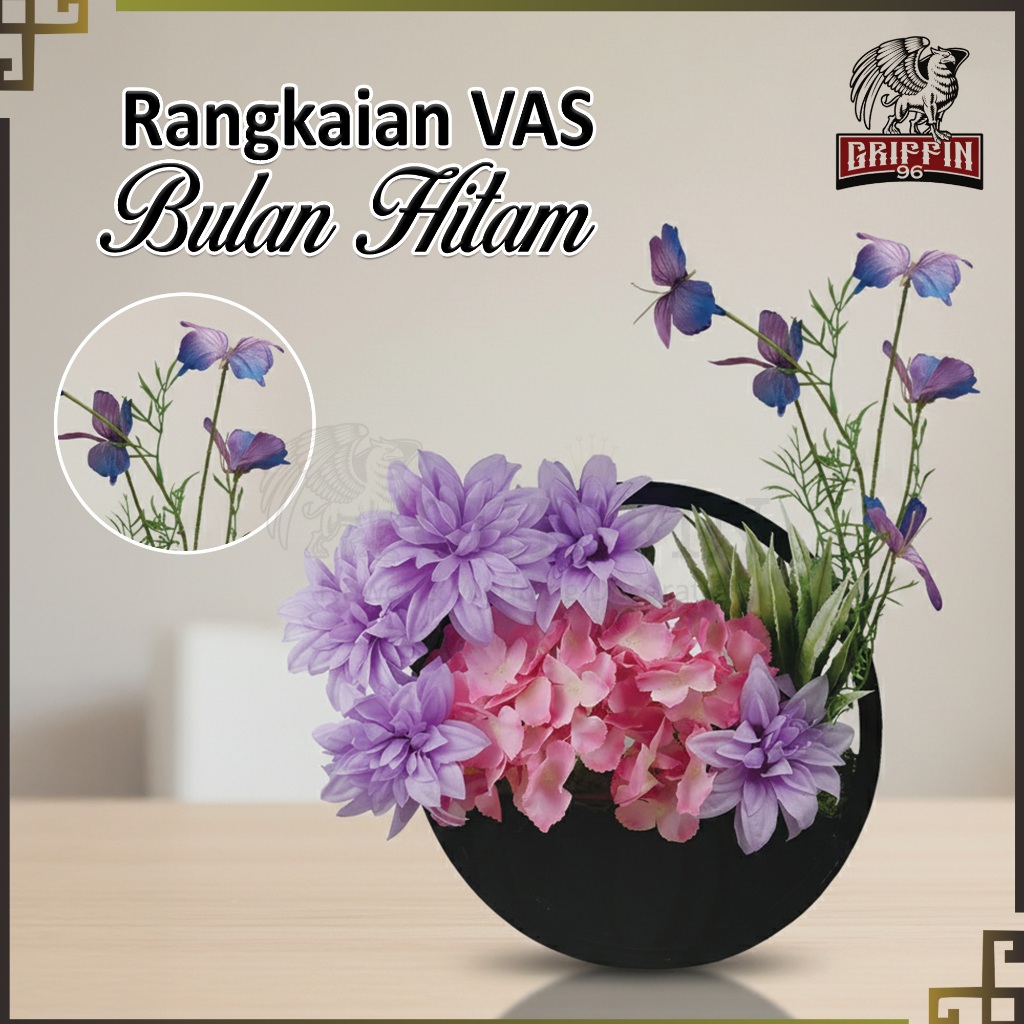 Rangkaian Bunga Vas Bulan Kayu Minimalis Modern Home Decor | Rangkaian Bunga Hidrangea Kupu Artifici
