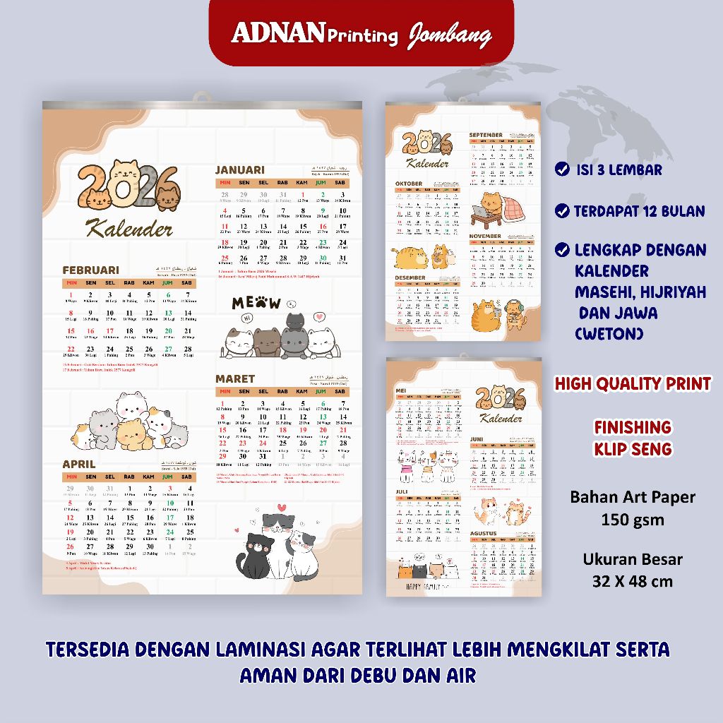Kalender Dinding 2026 - Kalender Gantung 3 Lembar 2026 Aesthetic