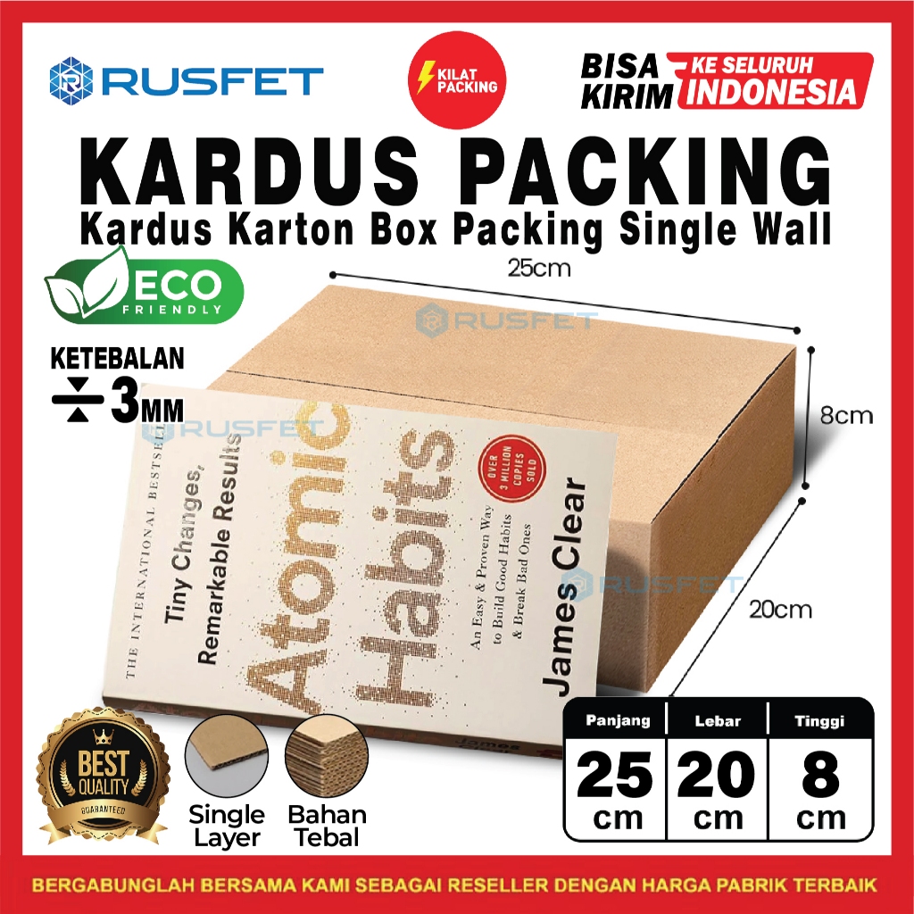 KARDUS PACKING RUSFET / DUS KARTON BOX PACKING / BOX KARDUS BARU COKLAT POLOS SATUAN - 25 X 20 X 8
