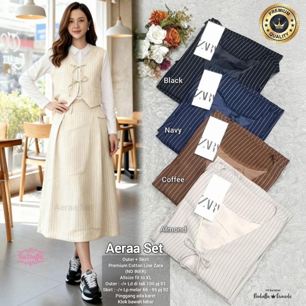 Aeraa Set Premium - One Set Vest Rompi + Rok Midi Salur Zara Style Korean Look Elegan