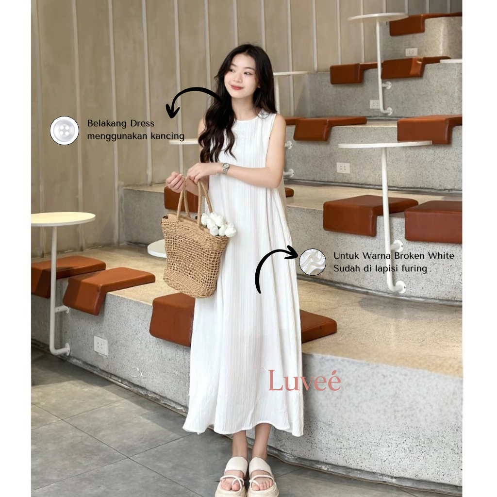 Big Sale Dress Putih Panjang Wanita Korean Look Tanpa Lengan Sleeveless Dress Simple Party Dress