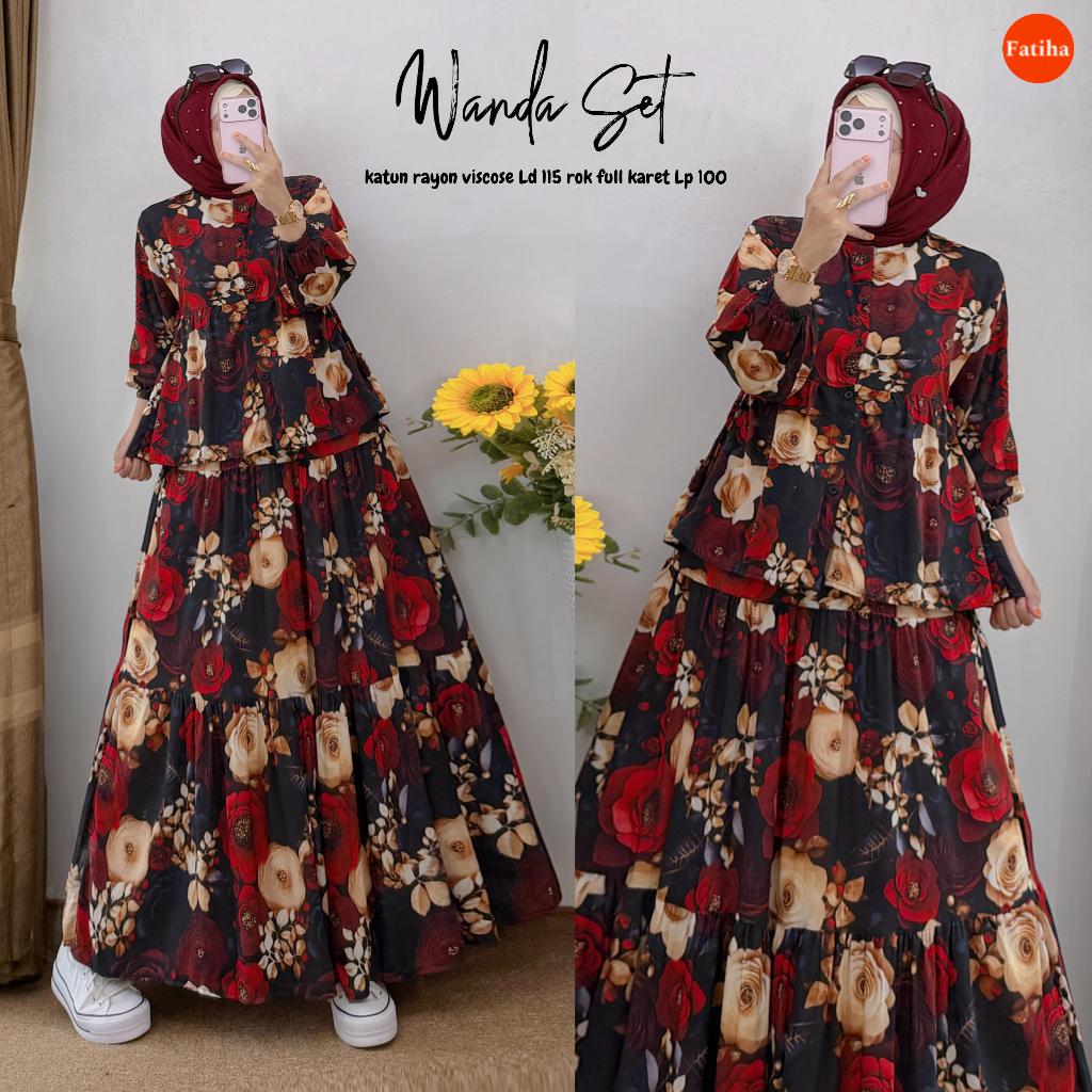 Wanda Set Baju Wanita Setelan Tunik Rok Panjang Original Fatiha Bahan Katun Rayon Viscose Adem Motif