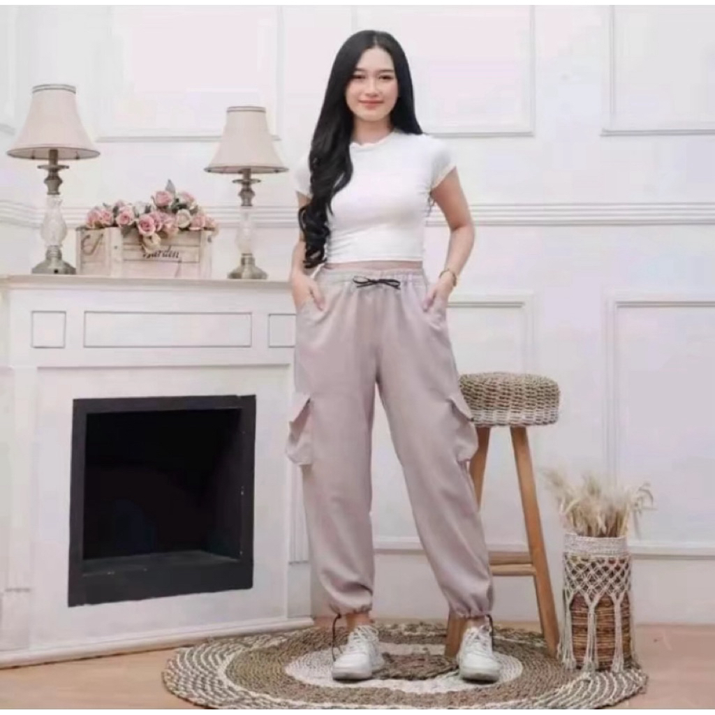 Celana Cargo wanita Highwaist Cream