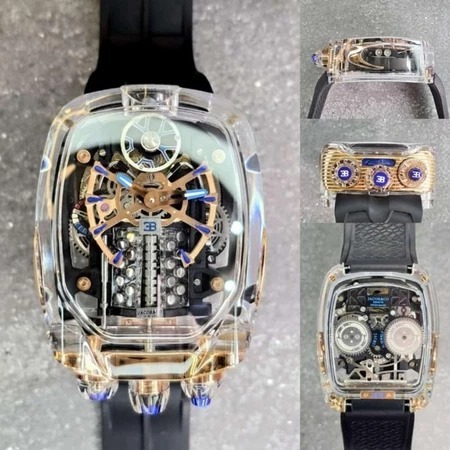 Jam Tangan Spesial Pria Keren Automatic Swiss JACOB & CO Bugatti Chiron Sapphire Rubber-Black rubber