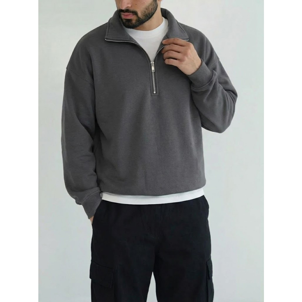 Zipper Sweatshirt Jaket Sweater Pria Kerah Half Zip