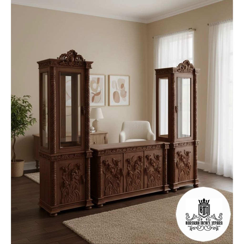 buffet tv plus lemari hias kayu jati ukiran furnitur jepara