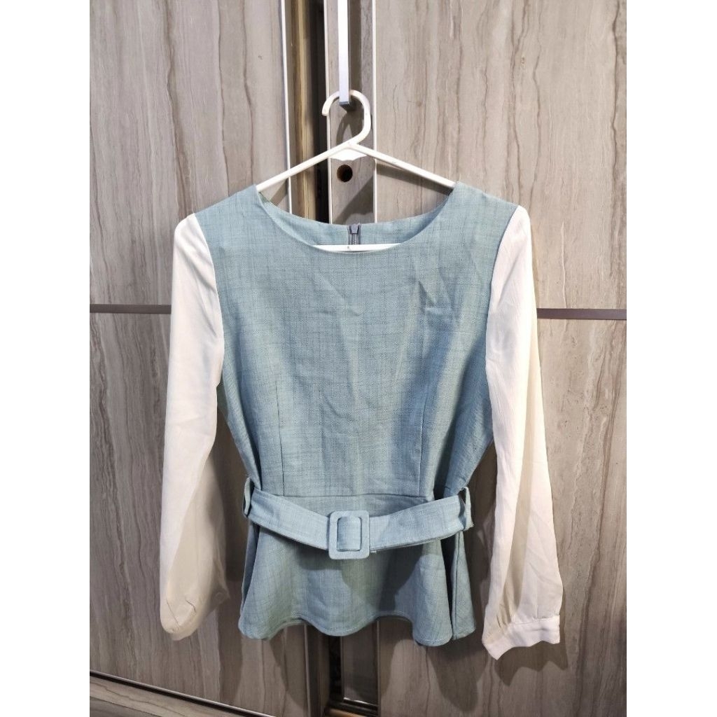 MINT KOREAN BELT BLOUSE / BLOUSE KERJA WANITA