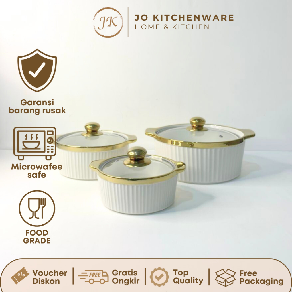 Mangkok Saji Tutup Kaca List Gold Keramik Premium Unik Diameter 16,23, & 27cm / Set Mangkok Keramik 