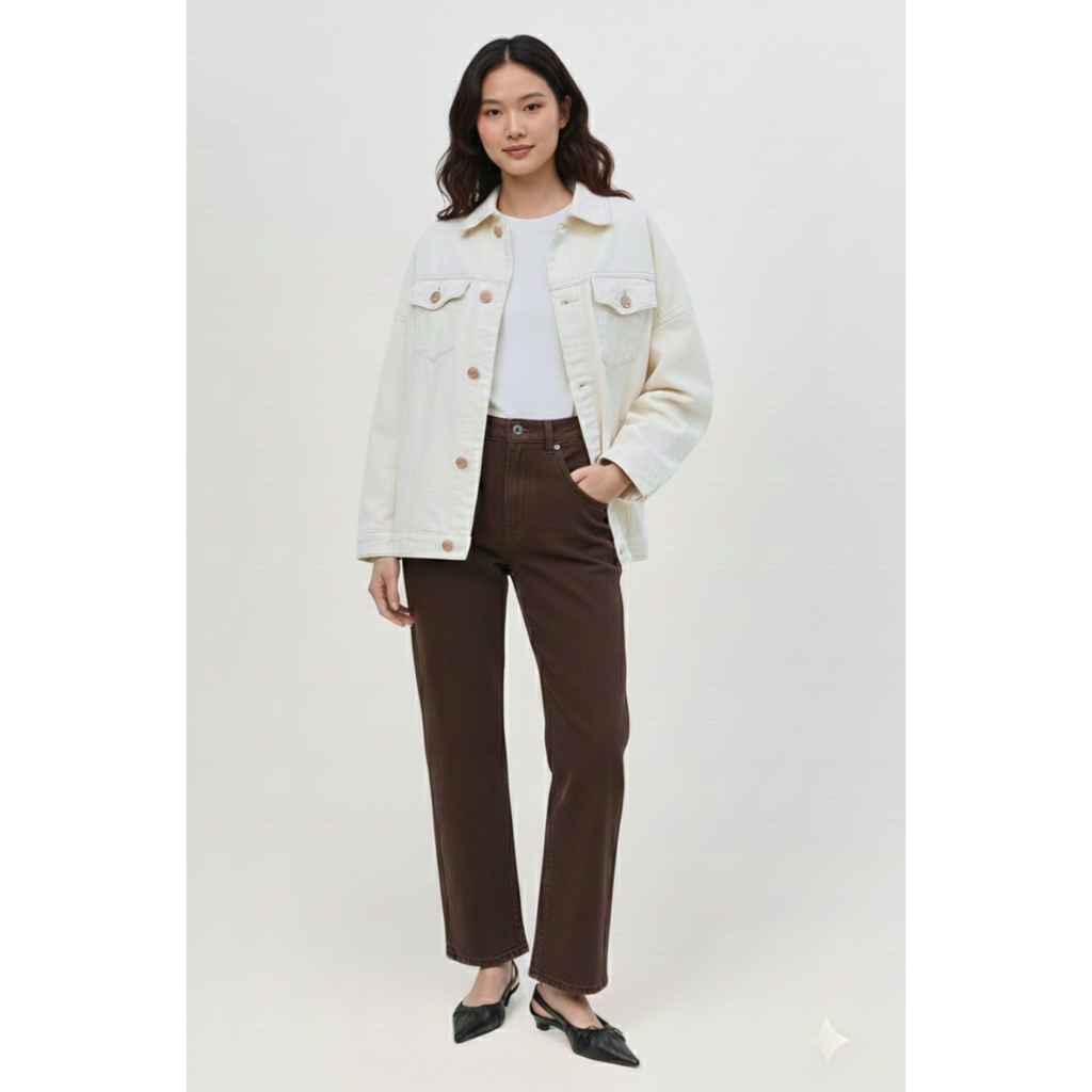 ODIVA - Ferna Denim Jacket Broken White | Outer Jaket Jins Wanita Lengan Panjang