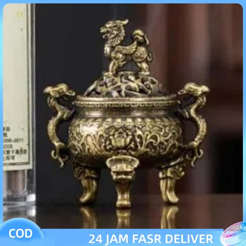 1pcs Tempat Pembakaran Dupa Gaya Tiongkok Berbentuk Tiga Kaki Dengan Dua Pegangan Mini Copper Kylin 