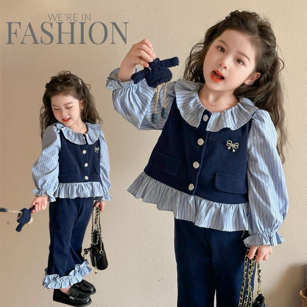 2-10Tahun Setelan vest ruffle elegant baju anak perempuan ootd korea