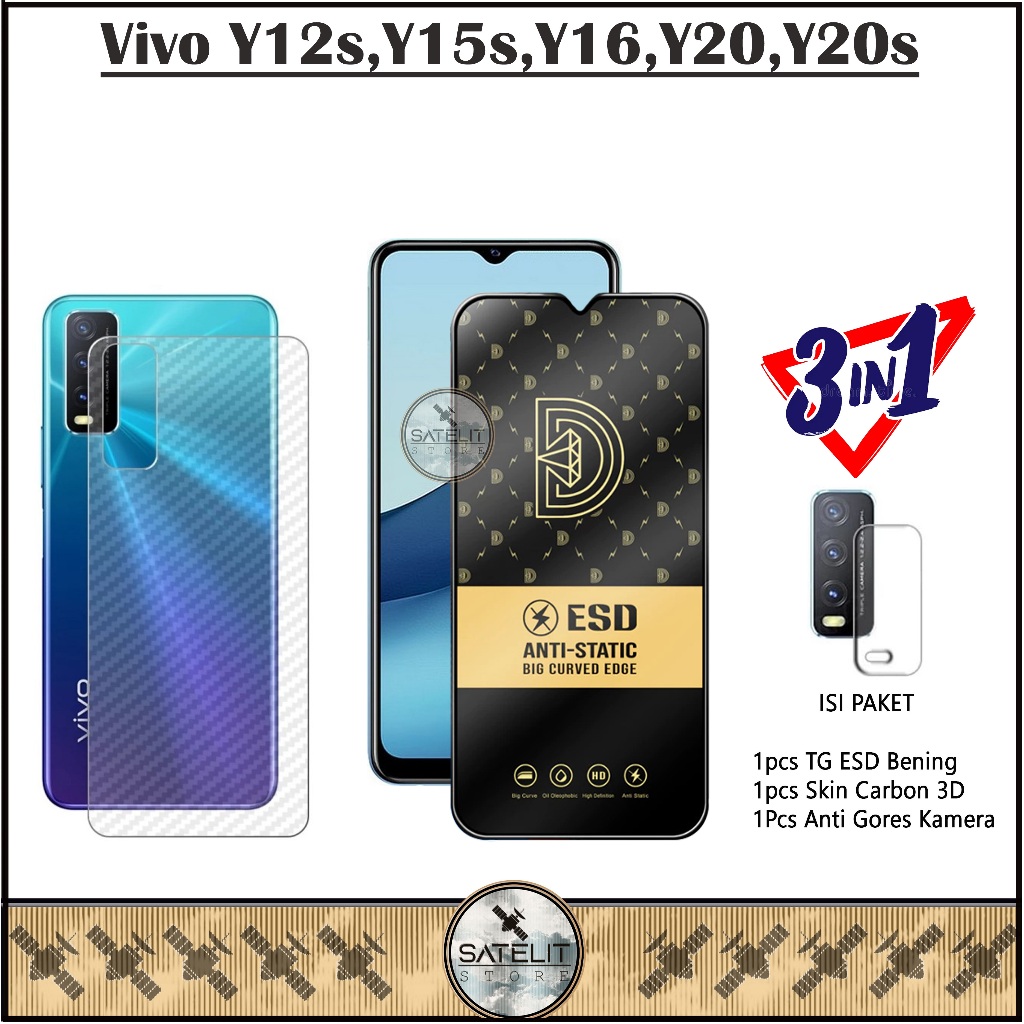 Paket 3IN1 Tempered Glass Clear Full Cover ESD Anti Static+Garskin+TG Kamera Vivo Y12s Y15s Y16 Y20 
