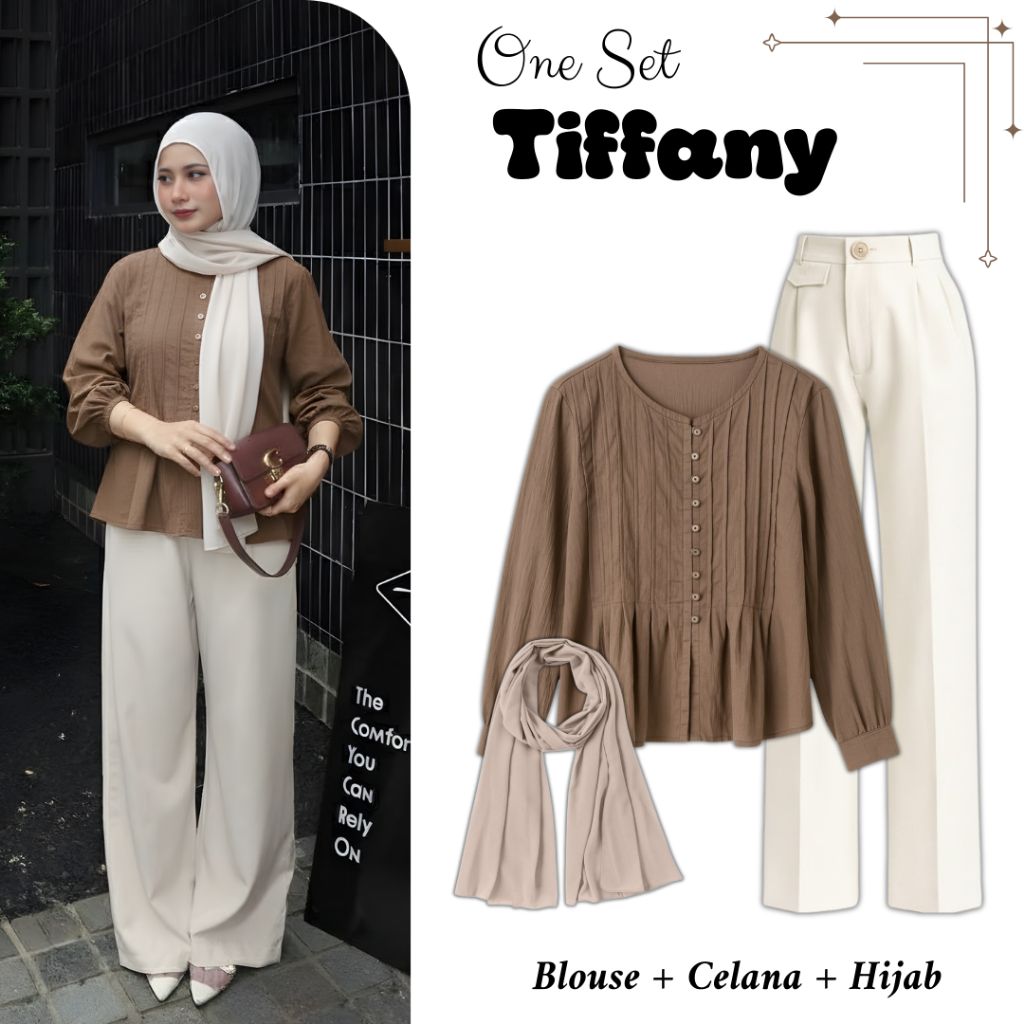 Tiffany One Set Remaja 3in1 | Blouse, Celana, Pashmina | OOTD Simple Remaja Kekinian - BW135