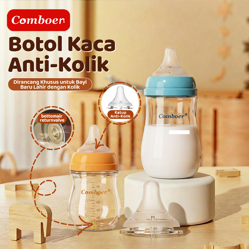 Comboer botol susu kaca bayi 100% Anti kolik 160ML/240ML Botol Susu Kaca Newborn Bottle susu newborn